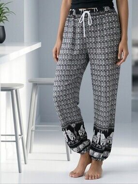 Elephant Print Harem Pants Boho Yoga Lounge Joggers Large Vacation Traveler Chic